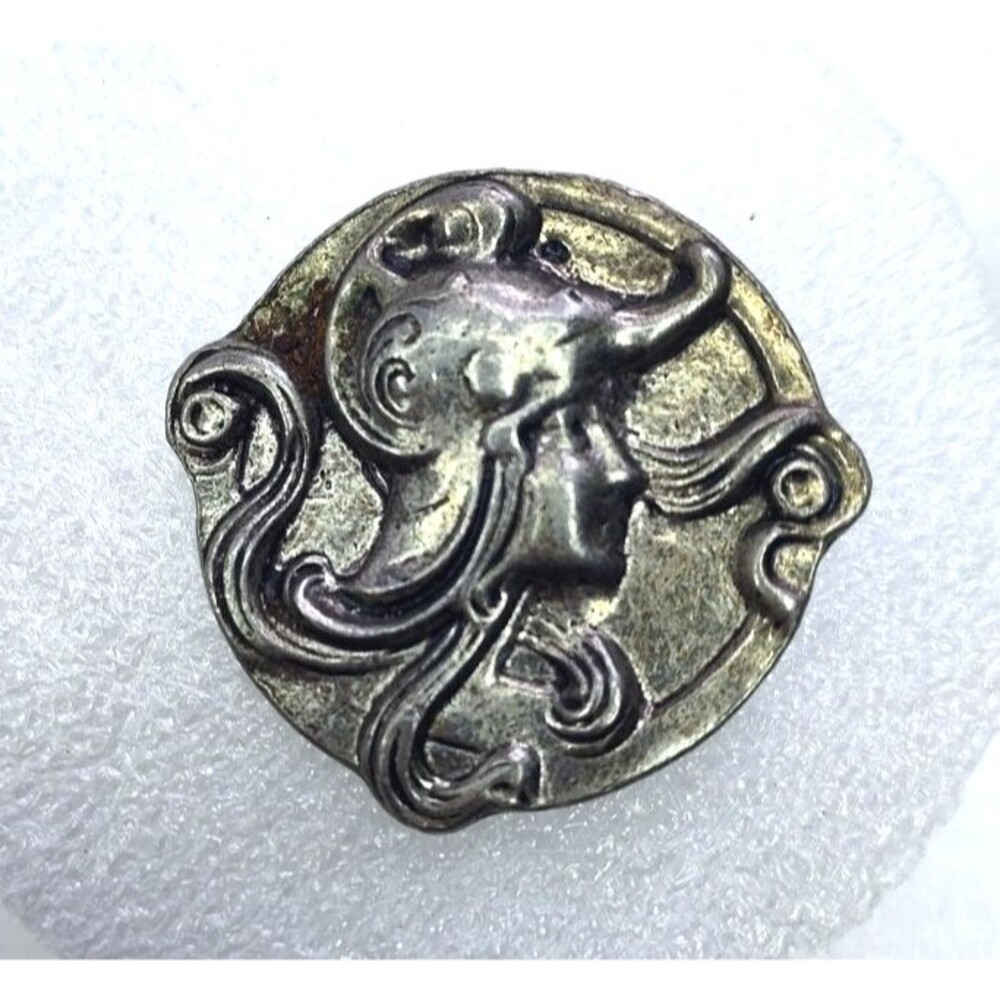 Vintage Lady Cameo Pewter Silver Tone Art Nouveau Button 1.5" Relief Shank